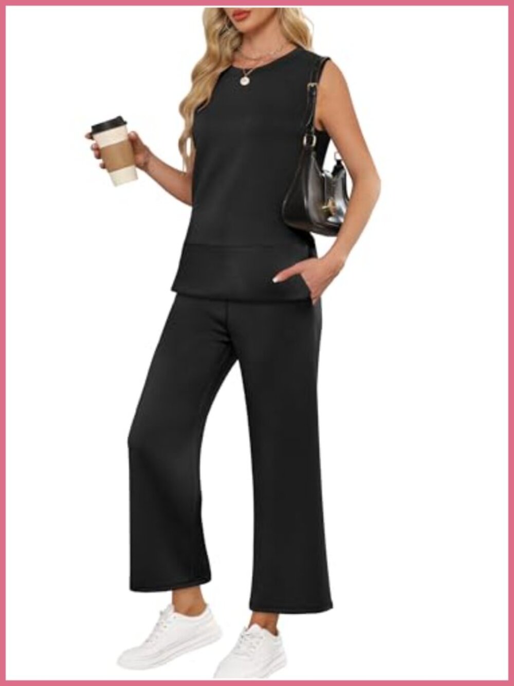 2 Piece Tank Top & Wide Leg Pants Set Sleeveless Pull On Travel Lounge